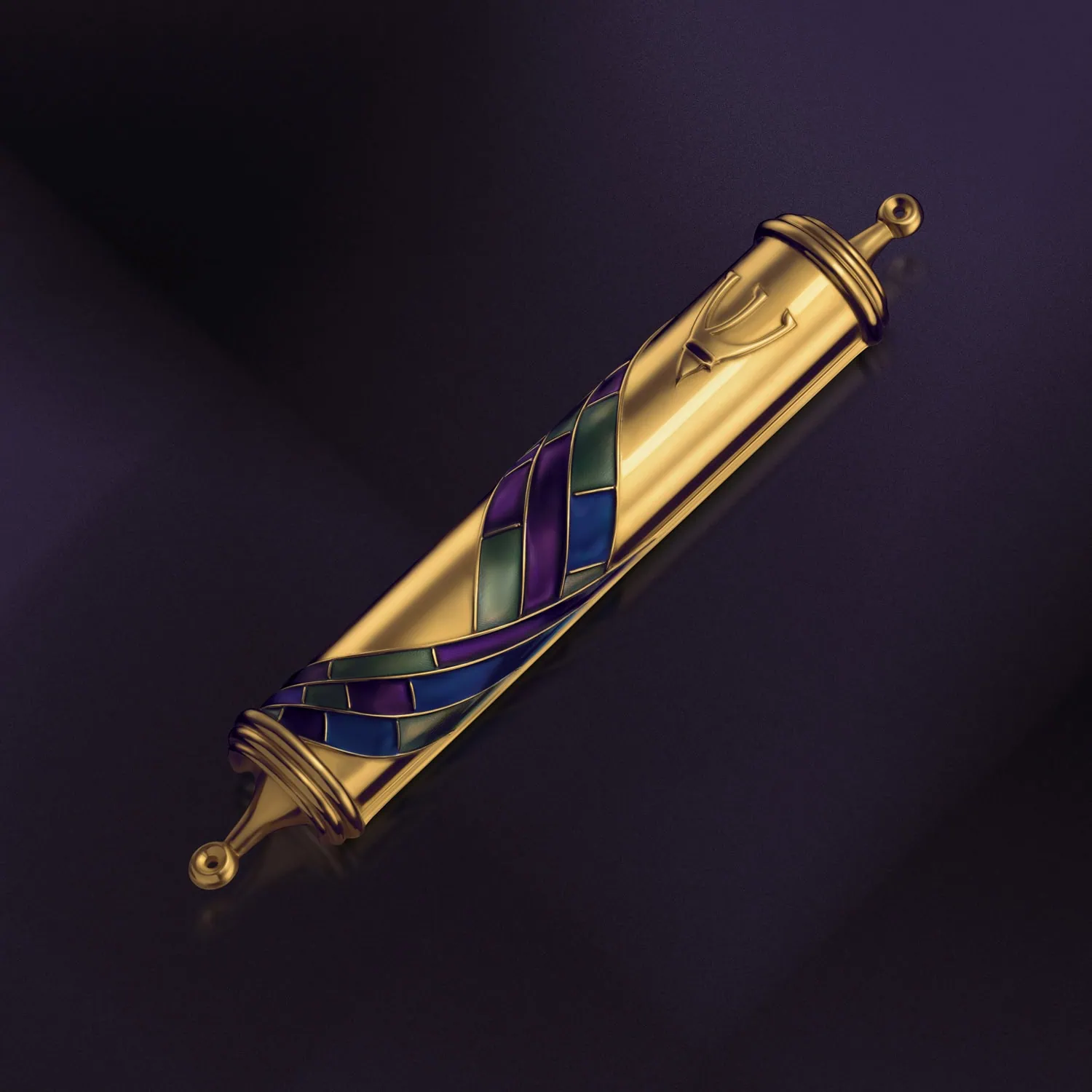 מזוזה-מוזהבת-עם-עיצוב-סגול-וירוק-מעוטר-בטקסטורות-ייחודיות-בצילום-מקצועי-למסחר-אלקטרוני-המשקף-את-היוקרה-שבצילום-תכשיטים