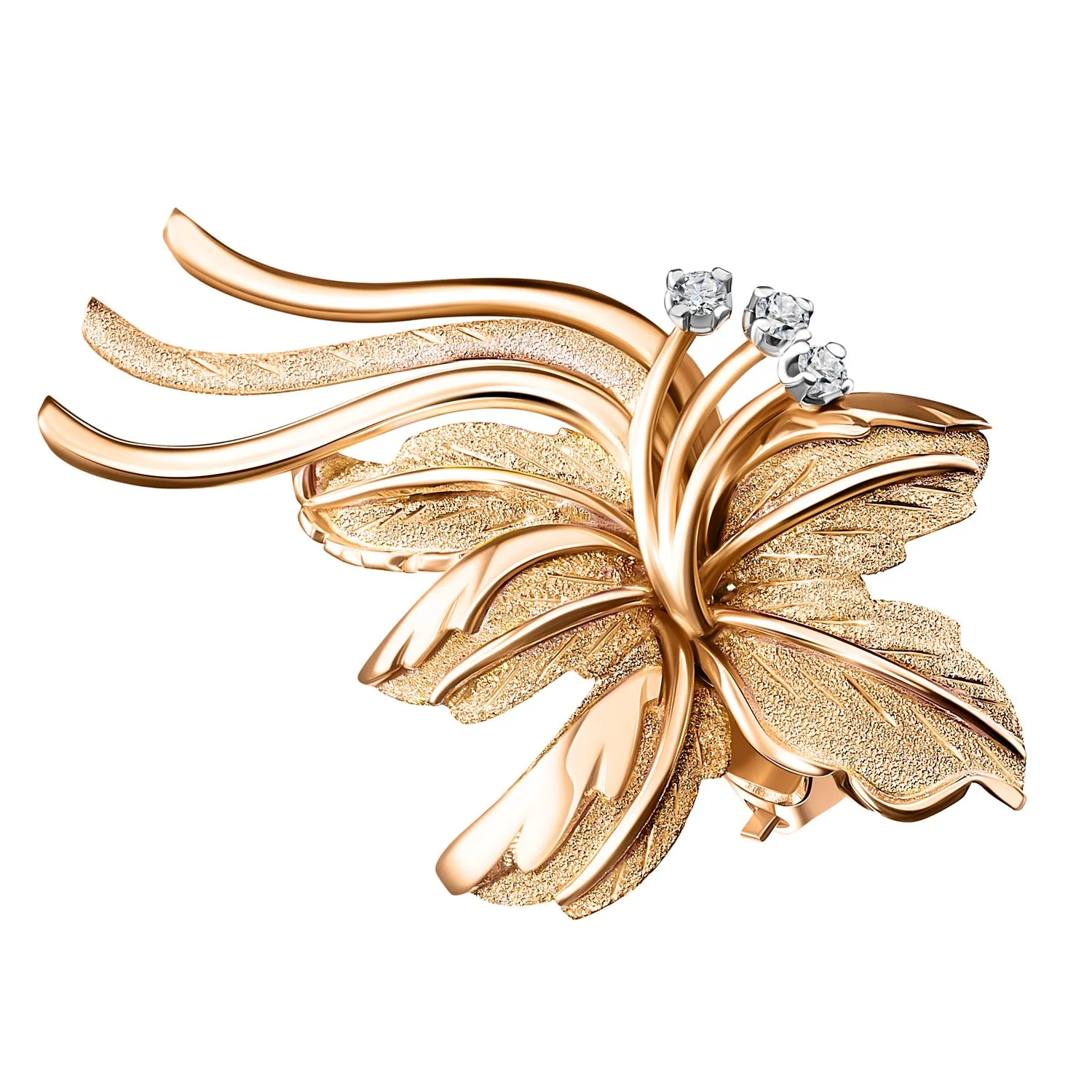 סיכת פרח מזהב עם מתכת במרקם ייחודי מוצגת על רקע לבן בתהליך צילום תכשיטים מקצועי