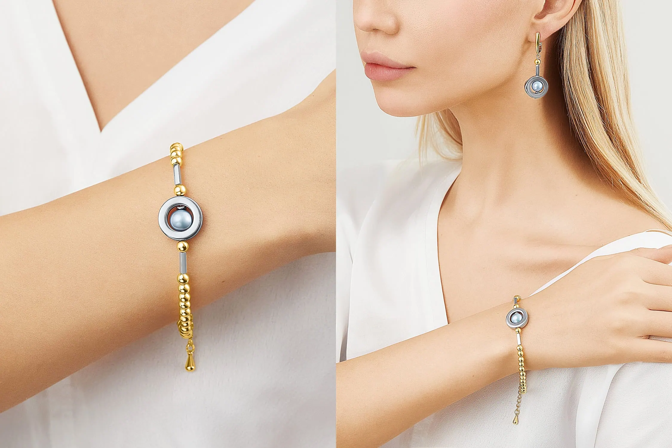 צילום דוגמנית במראה יוקרתי נערה עונדת סט תכשיטים תואם בעיצוב זהב וכסף דוגמה מושלמת לצילום תכשיטים מקצועי שמתמקד בלקוחות פרימיום