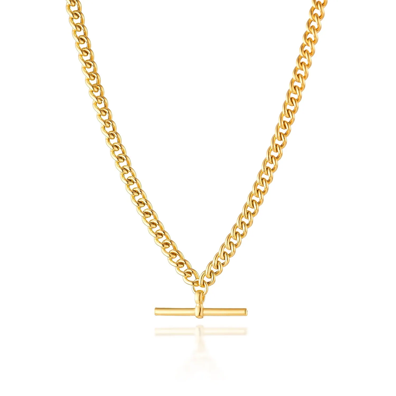 שרשרת זהב אלגנטית עם תליון בר מוצגת בצילום מקצועי על רקע לבן ומבטאת סטייל יוקרתי