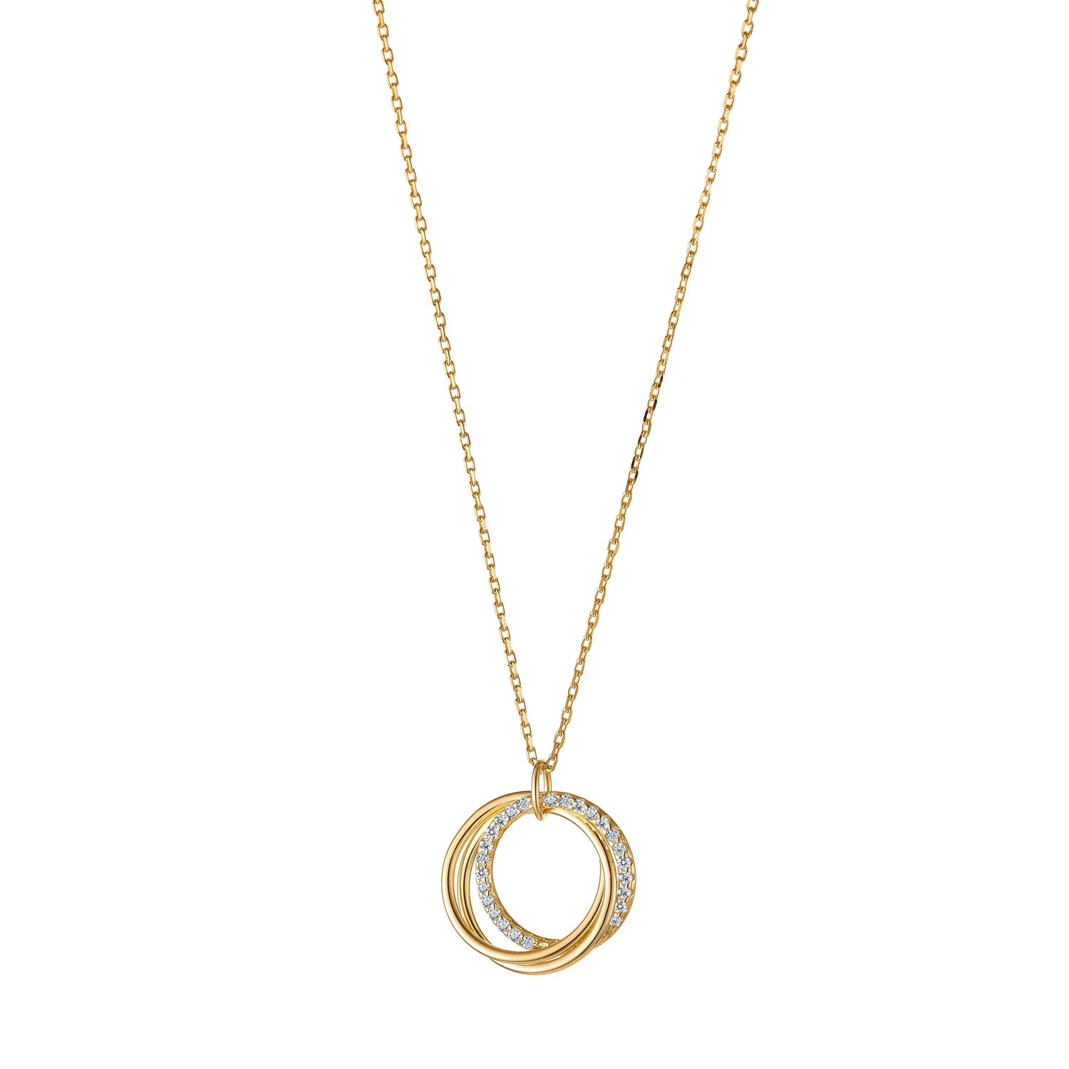 שרשרת זהב עם שלושה תליונים עגולים מוצגת בצילום מקצועי על רקע לבן כחלק מצילום דגמי תכשיטים